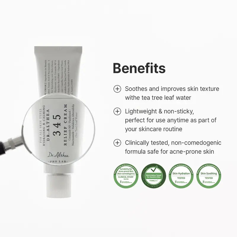 Dr. Althea 345 Relief Cream - Daily Facial Moisturizer for Blemish Relief and Soothing Recovery, Vegan Korean Skincare